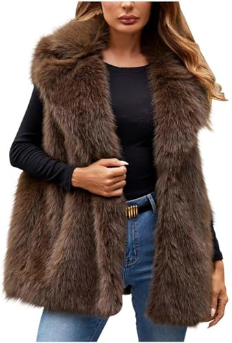Flodxo Faux Fur Gilet Women UK Plus Size Fluffy Fake Fur Vest Sleeveless Elegant Furry Waistcoats Casual Bodywarmer Vest Coats V Neck Fuzzy Gilet Coats Winter Thermal Vest Jacket Coffee XXL