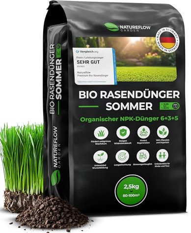Bio Rasendünger Sommer TESTSIEGER Made in Germany – 2,5kg für 100qm - Organischer Rasendünger Bio für gesunden Boden & sattgrünen Rasen - Dünger Rasen, Sommerdünger Rasen von Natureflow Garden