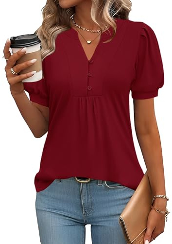 Rapbin Chemisier pour femme - Col en V - Boutonnière - Tunique - Manches courtes - Haut d'été élégant et décontracté