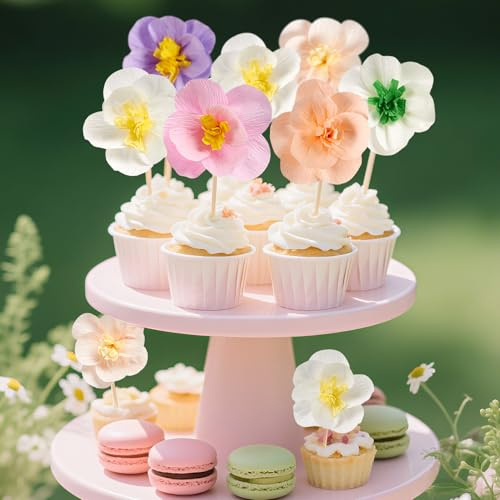 SUNBEAUTY 12 pezzi di carta floreale cupcake topper in carta velina pompon decorazione torta bambini ragazzi ragazze compleanno baby shower decorazioni accessori
