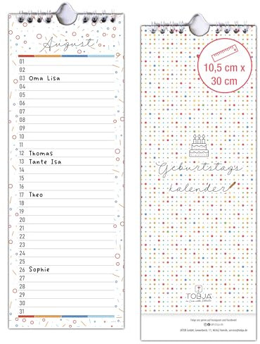 TOBJA Immerwährender Geburtstagskalender jahresunabhängig mit Wire-O Bindung – 11 x 30 cm – Wandkalender ohne Jahr – Kalender für Geburtstage & besondere Daten