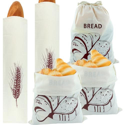 Juego de 5 bolsas de pan de lino, 3 bolsas de lino de 40 x 30 cm, 2 bolsas de lino de 60 x 15 cm para guardar pan, bolsas de pan, bolsas de pan, accesorios para hornear, bolsa de pan