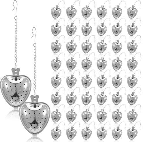 50pcs Heart Shaped Tea Strainers for Loose Tea Filter, Stainless Steel Tea Strainer Ball Infuser Tea Steeper Mesh Filters with Extended Chain Chain Hook for tea party Seasonings Cup Bottle(Silver)