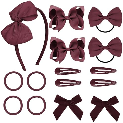 Set di 15 accessori per capelli ragazza, rosso borgogna, cerchietto con fiocco nero, fermagli, elastici, accessori per bambine, adolescenti e neonati