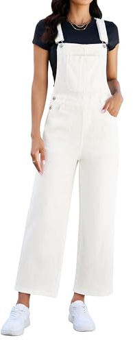 luvamia Wide Leg Overalls for Women Denim Loose Fit Baggy Bib Adjustable Cropped Casual Stretchy Jean Jumpsuit Overall Cream White Size Medium Fits US 8-10
