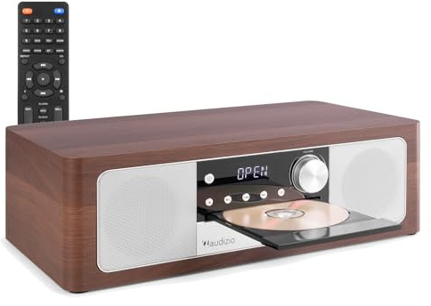 Audizio Lunata – Radio Dab+ y FM con Reproductor de CD, Bluetooth 5.3 y Potencia de 100W, Sistema Multimedia con HDMI ARC, USB y Altavoces estéreo, Acabado en Madera Oscura con Frontal Plateado