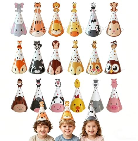 KOQAIIZ 18 Pezzi Cappellini Festa Compleanno Bambini, Cappellini a Cono con Motivi Animali della Fattoria, Decorazioni per Feste di Compleanno, Gadget e Accessori per Bambini e Bambine