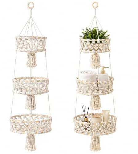 Mocifa 2 Pièces Panier à Fruits Suspendu 3 Niveaux, Ø 20/25/30 cm, Beige