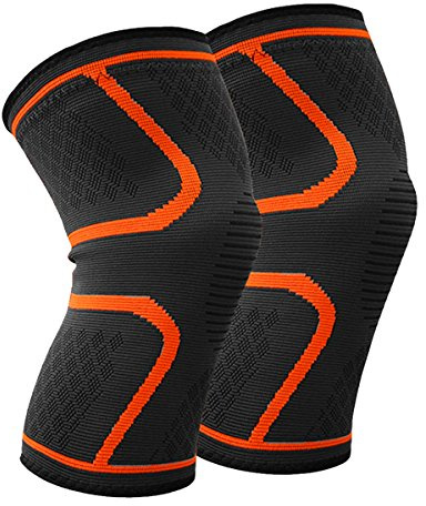 BESKEY Knee Support (Pair) Anti Slip Knee Brace Elastic Breathable Knee Compression Sleeve Help Joint Pain Relief for Arthritic Sufferer and Recovery from Injuries Fit for Sports (L, Orange)