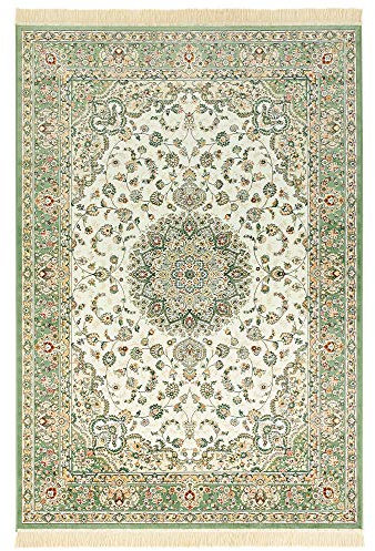 Nouristan Naveh Orient Teppich – Wohnzimmerteppich Orientalisch Kurzflor mit Fransen Vintage Orientalischer Samt-Teppich für Esszimmer, Wohnzimmer, Schlafzimmer – Ivory Grün, 95x140cm
