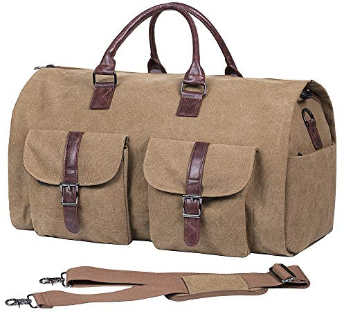 Seyfocnia, Carry On Garment Bag, Men's Garment Duffel Bag for Travel Business, Large Super Fiber Canvas Bag with Shoe Compartment - Brown