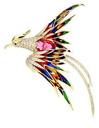 Broche bijou oiseau phoenix en acier doré et multicolore.