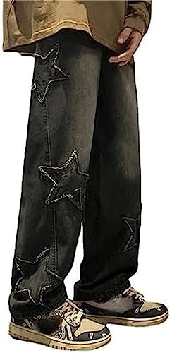 HotelBee Damen Vintage Star Patchwork Y2K Baggy Jeans Hoch Taillierte Hose Mit Geradem Bein Emo Grunge Denim Hose Mit Taschen (L,Schwarz)
