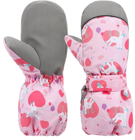 Kinder Winter Skihandschuhe Wasserdicht Snowboard Handschuhe Anti-Rutsch Plüsch Gefüttert Warm Rosa Einhorn Fäustlinge für Mädchen Jungen 3–5 Jahren