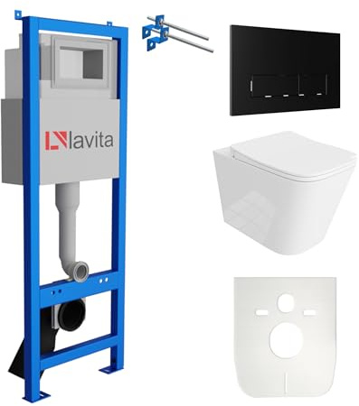 Lavita LAV 101 bâti-support pour WC 40 cm + WC suspendu à montage mural à chasse d'eau profonde MAIO Blanc sans rebord + Plaque de commande LAV 200.3.4 Noir Ensemble complet de WC Ensemble complet de