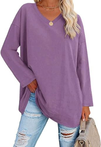Ebifin Camiseta de manga larga de gran tamaño para mujer, cuello en V, camiseta de manga larga, jersey básico, túnica, morado, L