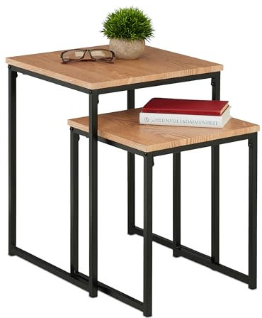 Relaxdays Beistelltisch 2er Set, stapelbar, Industrie Design, Satztisch 2 Größen, quadratisch, Metall, hellbraun/schwarz