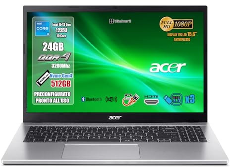 Acer Aspire 3 PC Notebook Portatile Processore Intel Core i5-1235U, RAM 24GB DDR4, 512GB PCIe NVMe SSD, 15.6 HD LED LCD, Intel Iris Xe, W11 Home, Bluetooth 5.0, Wi-Fi 6, Garanzia 2 anni
