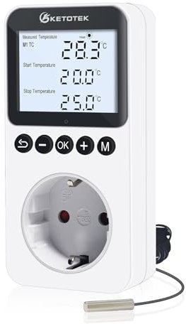 KETOTEK Digital Thermostat Steckdose mit Zeitschaltuhr, Steckdosenthermostat mit Hintergrundbeleuchtung, Tag/Nacht Temperaturregler Timer Steckdose mit Fühler für Terrarium Reptile Gewächshaus