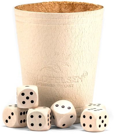 Waldfelsen® Gobelet à dés en Cuir Véritable (9 cm) avec 6 cubes en bois (16 mm) en bois de hêtre Tasses en Cuir Set de dés pour les yeux Cube de jeu (Couleur : blanc)