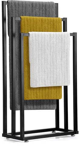 Hanamura Porte Serviette sur Pied – Porte Serviette Salle de Bain Noir à 3 Barres – Support Serviettes Design en Métal Mat
