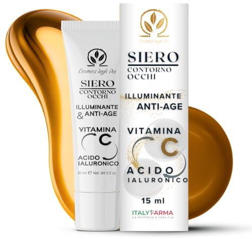 Siero Contorno Occhi con Vitamina C e Acido Ialuronico – Anti-age, Rimpolpante, Riduce Occhiaie Scure e Borse, per una Pelle Luminosa e Idratata – 15ml Made in Italy by Cosmesi degli Dei