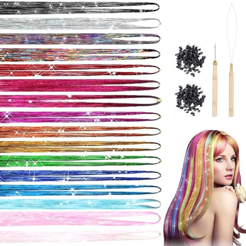 LUFFLOK Kit 16 Colori Extension per Capelli, 120cm con Strumenti, 3000 Ciocche di Capelli Glitterate per Donna, Ragazze e Bambine, Extension Capelli Colorati per Decorazioni e Forniture per Feste