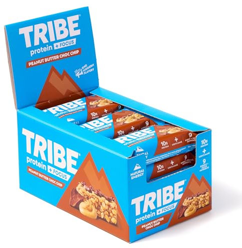 TRIBE Protein + Focus Bar - Peanut Butter Choc Chip - 10g Protein, 9 Energy & Focus Nutrients, Lions Mane, Plant Based, Vegan Snack & Gluten Free (60g x 12 Bars)