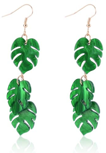 Monstera Earrings, 3.35x0.79in Acrylic Palm Leaf Earrings Plant for Women Monstera Leaf Drop Dangle Women Tropical Jewelry Ideal Birthday(Green)