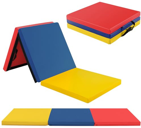 GOPLUS Colchoneta de Gimnasia de 3 Pliegues, Colchoneta de Ejercicio con Asas de Transporte, PU/Algodón de Perla EPE, Colchoneta Portátil para el Gimnasio en Casa (Multicolor)