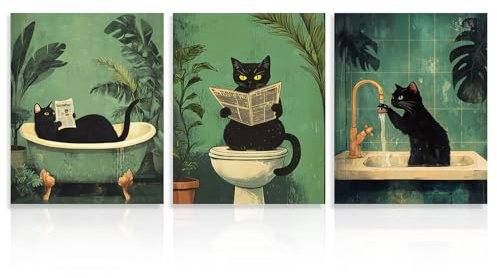 Dazzlewall 3Pcs Funny Cat Bathroom Wall Art Pictures, Vintage Black Cat Wash Its Paws Reading Newspaper Art Prints for Bathroom Toilet Decor 8x10 in Unframed
