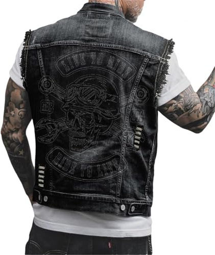 Edelaura Veste en Jean Sans Manches Hommes Imprimé Tête de Mort Style Biker Punk Vintage Denim Boutons Métalliques Outdoor Loisirs Vêtement de Travail