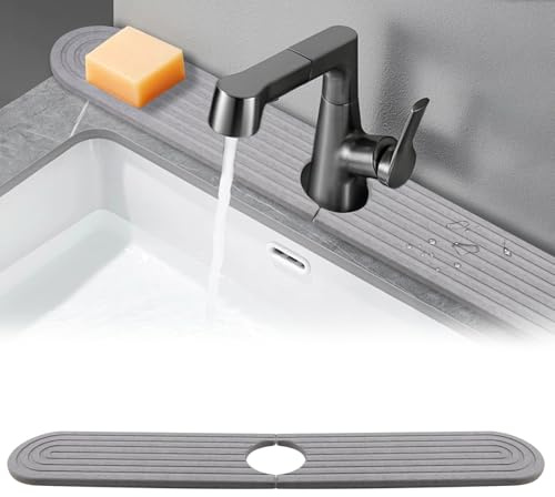 60 x 10 cm Contour de Robinet Absorbant,Ø6.5 cm Pierre Absorbante Evier,Tapis de Robinet pour évier de Cuisine,Séchage rapide,Contour Robinet Diatomite pour évier de Cuisine et de Salle de Bain,Gris