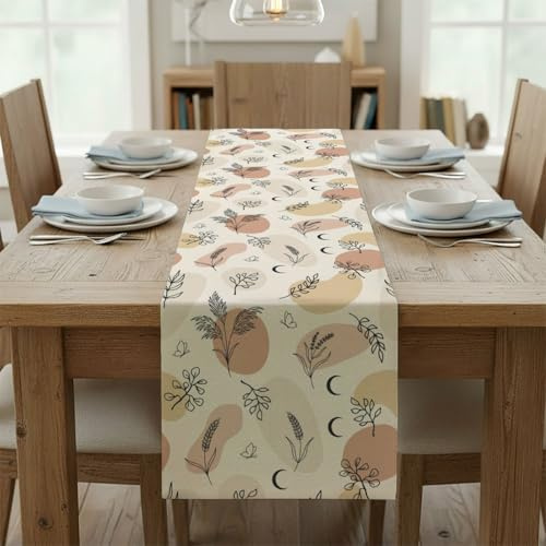 Black Leaves Moon On Beige Pink Geometric Table Runners Wedding Table Runner Turner for Dining Springtime Decor Spring Decorations for Office Home Kitchen Dining Holiday Decor 13 × 90 inch