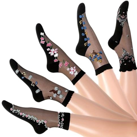 Alxad 5 Paia Calze di Nylon Donna Nero, Calzini Trasparenti Velati Sottili, Calzini a Rete Neri Pizzo Calze alla Caviglia