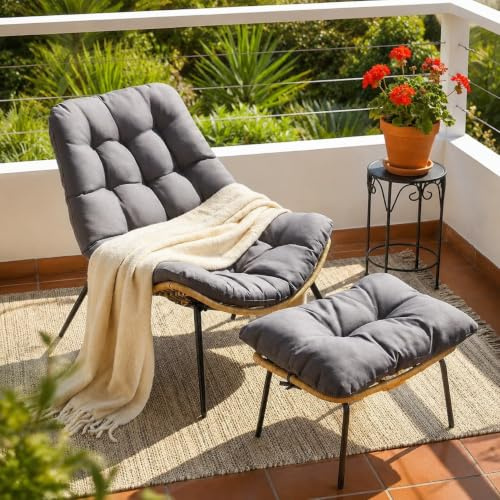 LIFERUN Chaise de Jardin avec Repose-Pieds, Fauteuil de Jardin en rotin, résistant aux intempéries, jusqu'à 120 kg, Coussin Amovible et imperméable, pour Le Jardin, Balcon, Salon, Cour, Chambre, Gris