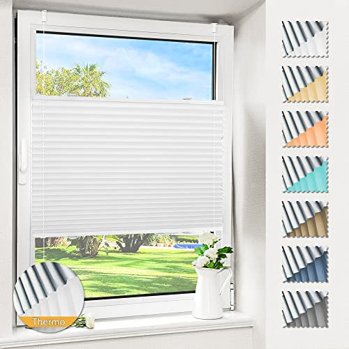 Magiea Plissee ohne Bohren verdunkelung, Thermo Plisseerollo Klemmfix, Weiß 80x120cm(BxH), Verdunklungsplissee 100% lichtundurchlässig, Faltrollo für Fenster, Sichtschutz Sonnenschutz
