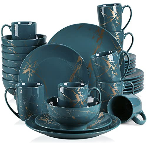 LOVECASA 'Daphne', 32 Pieces Porcelain Dinner Set Color Glaze with Gold Plate Crockery Set Kitchen Dinnerware Set with Dinner Plates, Dessert Plate, Bowls and Mugs, Service for 8, Dark Green