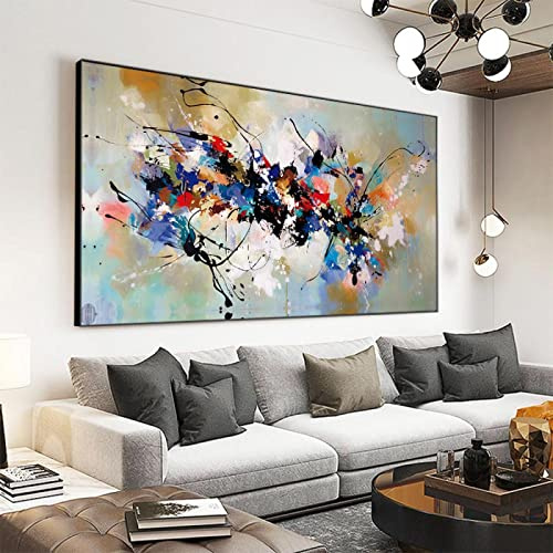 Large Size Modern Abstract Colorful Decor Oil Painting on Canvas Black Framed Prints Wall Art Pictures for Living Room 70x150cm/28x59inch with Black Frame
