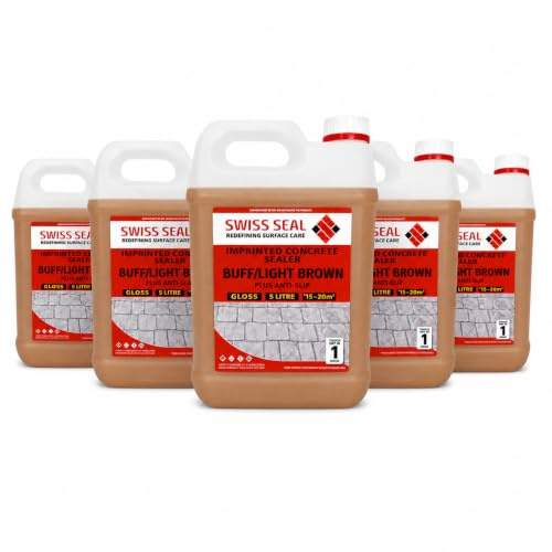 Swiss Seal | BUFF/LIGHT BROWN Coloured Imprinted Concrete Sealer GLOSS FINISH + ANTI-SLIP | Colour Tinted Driveway & Patio Sealant - Wet Look | (5 x 5 Litre)