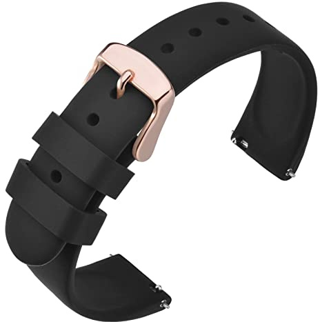 ANNEFIT Bracelets de Montres Silicone, Bracelet de Rechange en Caoutchouc à Dégagement Rapide 18mm avec Boucle Or Rose (Noir)
