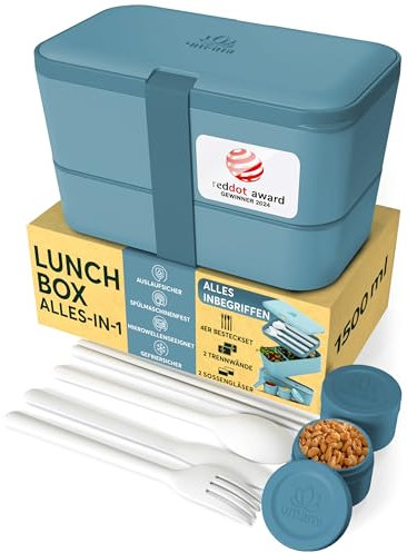 Umami Lunch Box Containers w/ 4 Utensils, Sauce Jar, Nestable Space-Saving Bento Box Adult, 100% Leakproof, Microwavable Lunch Containers for Adults, Design Award Winner