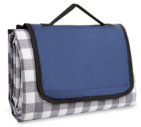 ASAB Large Picnic Blanket Waterproof Backing 200 x 140cm Washable and Slip Resistant Beach Blanket Convenient Handle Quick Dry Picnic Mat Fold Up Picnic Blanket for Outdoor Camping Travel Parks (Blue)