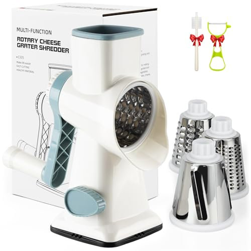 Grattugia Formaggio Rotativa Manuale, Tritatutto Verdure con 3 Lame Intercambiabili Tagliare Cubettare Julienne Utensili Cucina Multifunzionali Casa Tagliaverdure per Insalate Patate Verdure Formaggio