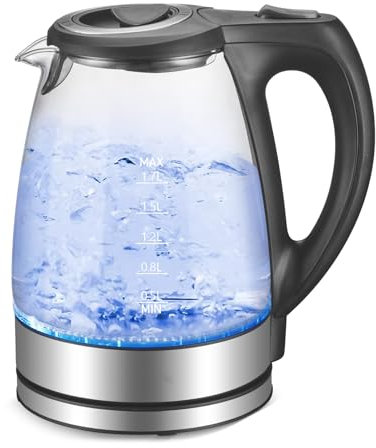 Glas Wasserkocher, LuLuanping Heißwasserspender, 1.7 Liter, 2200 Watt, LED Innenbeleuchtung, 360° Basis, Schnelles Aufheizen, Trockenaufschutz, Heizelement aus Edelstahl, BPA frei