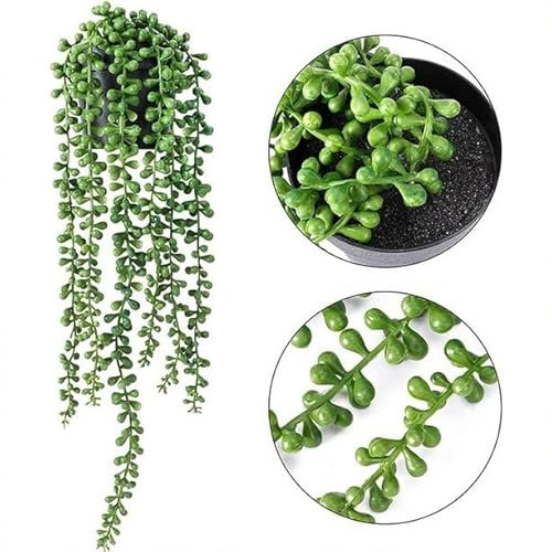 2pcs Artificial Succulent Hanging Plant strings (no pot), String of Pearls, for Home Decor, Wall, Window, Bookshelf, Desk, Indoor/Outdoor Garden, Green