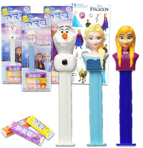 Disney Frozen PEZ Lot de 3 distributeurs de bonbons avec Elsa, Anna et Olaf avec recharges Pez et autocollants