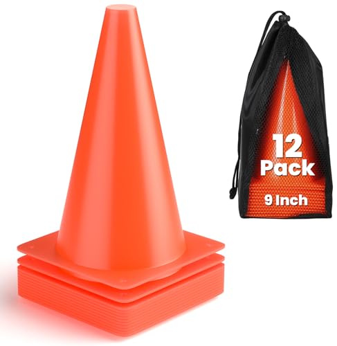 GHB 9 Inch Soccer Cones 12 Pack Disc Soccer Sport Cones Training Field Marker Agility Cones for Basketball, Coaching, Practice Equipment Includes Drills Guide (9 12Pcs Orange)