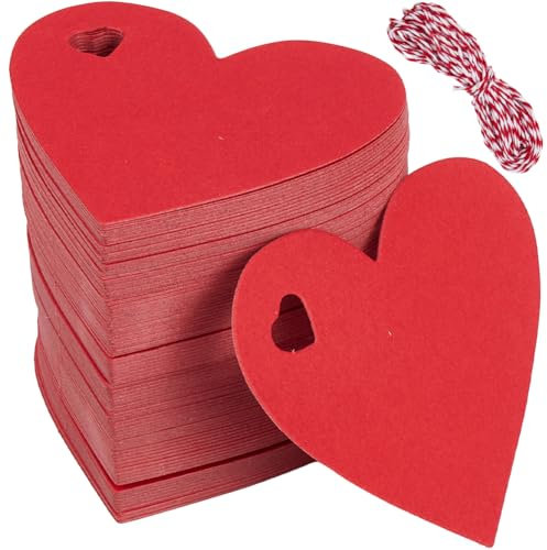 SOFPLATE 200Pcs Heart Shape Name Tags Red Paper Tags with Jute String 6 x 6.5cm Small Blank Display Writable Hanging Clothing Price Labels for Wrapping Pricing Wedding Christmas Arts Crafts Decoration
