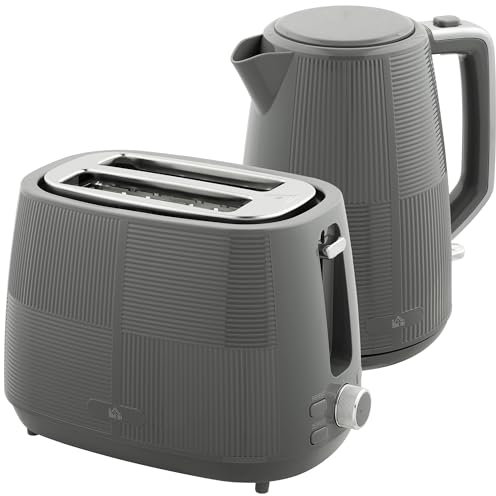 HOMCOM Kettle and Toaster Set, 1.7L 3000W Fast Boil Kettle & 2 Slice Toaster Kitchen Set with 7 Level Browning Controls, Defrost, Reheat, Boil-Dry Protection, Grey